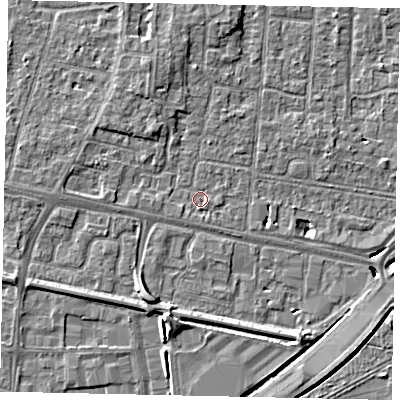 Shaded relief map of the ground around TW167SZ, computed from Environment Agency LiDAR. The ground here sits at about 12 m above sea level and falls 7 m across the surrounding 800 m. Surface water reaching this point runs off ground lying to the south, 0.7 m higher.