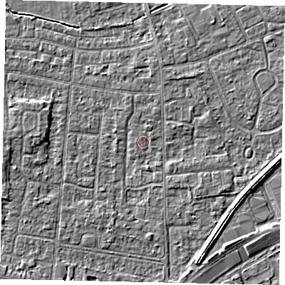 Shaded relief map of the ground around TW167TA, computed from Environment Agency LiDAR. The ground here sits at about 12 m above sea level and falls 3 m across the surrounding 800 m. Surface water reaching this point runs off ground lying to the north-east, 0.6 m higher.