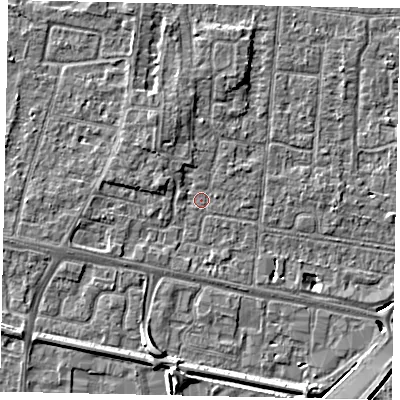 Shaded relief map of the ground around TW167TB, computed from Environment Agency LiDAR. The ground here sits at about 12 m above sea level and falls 7 m across the surrounding 800 m. Surface water reaching this point runs off ground lying to the north-north-west, 2.6 m higher.