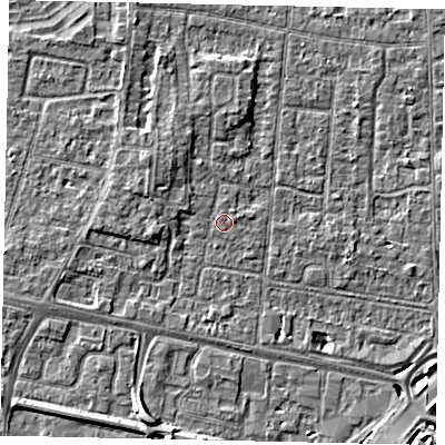 Shaded relief map of the ground around TW167TD, computed from Environment Agency LiDAR. The ground here sits at about 13 m above sea level and falls 7 m across the surrounding 800 m. Surface water reaching this point runs off ground lying to the north-west, 2.0 m higher.