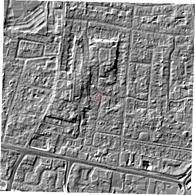 Shaded relief map of the ground around TW167TE, computed from Environment Agency LiDAR. The ground here sits at about 13 m above sea level and falls 5 m across the surrounding 800 m. Surface water reaching this point runs off ground lying to the north-west, 1.7 m higher.