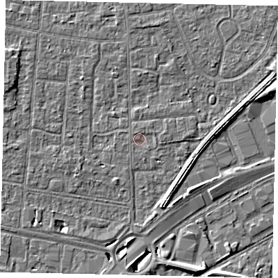 Shaded relief map of the ground around TW167TH, computed from Environment Agency LiDAR. The ground here sits at about 13 m above sea level and falls 8 m across the surrounding 800 m. Surface water reaching this point runs off ground lying to the east-south-east, 0.8 m higher.