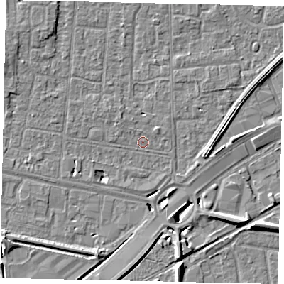 Shaded relief map of the ground around TW167TL, computed from Environment Agency LiDAR. The ground here sits at about 12 m above sea level and falls 8 m across the surrounding 800 m. Surface water reaching this point runs off ground lying to the west-north-west, 3.1 m higher.