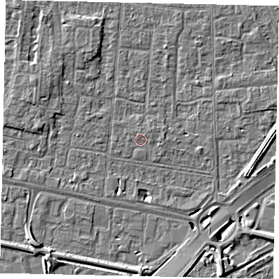 Shaded relief map of the ground around TW167TN, computed from Environment Agency LiDAR. The ground here sits at about 12 m above sea level and falls 8 m across the surrounding 800 m. Surface water reaching this point runs off ground lying to the west, 0.6 m higher.