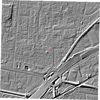 Shaded relief map of the ground around TW167TR, computed from Environment Agency LiDAR. The ground here sits at about 12 m above sea level and falls 8 m across the surrounding 800 m. Surface water reaching this point runs off ground lying to the west-north-west, 2.2 m higher.