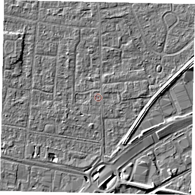 Shaded relief map of the ground around TW167TT, computed from Environment Agency LiDAR. The ground here sits at about 12 m above sea level and falls 8 m across the surrounding 800 m. The ground contributing surface water to this point lies to the north.