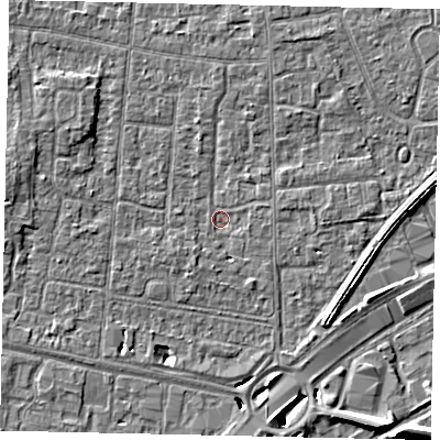 Shaded relief map of the ground around TW167TU, computed from Environment Agency LiDAR. The ground here sits at about 12 m above sea level and falls 8 m across the surrounding 800 m. Surface water reaching this point runs off ground lying to the south-west, 1.3 m higher.