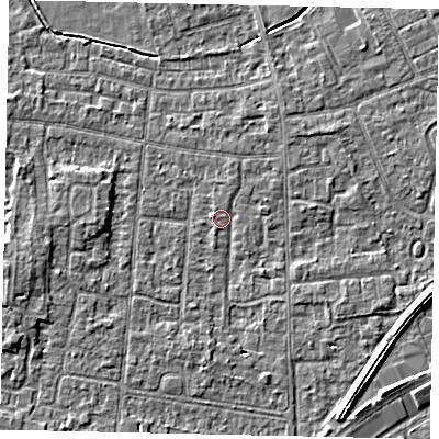 Shaded relief map of the ground around TW167TX, computed from Environment Agency LiDAR. The ground here sits at about 13 m above sea level and falls 4 m across the surrounding 800 m. Surface water reaching this point runs off ground lying to the west-north-west, 0.9 m higher.
