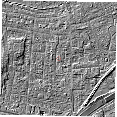 Shaded relief map of the ground around TW167TY, computed from Environment Agency LiDAR. The ground here sits at about 13 m above sea level and falls 4 m across the surrounding 800 m. Surface water reaching this point runs off ground lying to the west, 2.6 m higher.