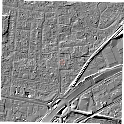Shaded relief map of the ground around TW167TZ, computed from Environment Agency LiDAR. The ground here sits at about 12 m above sea level and falls 8 m across the surrounding 800 m. Surface water reaching this point runs off ground lying to the east-north-east, 0.8 m higher.