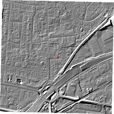 Shaded relief map of the ground around TW167UA, computed from Environment Agency LiDAR. The ground here sits at about 13 m above sea level and falls 9 m across the surrounding 800 m. Surface water reaching this point runs off ground lying to the south, 6.3 m higher.