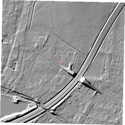 Shaded relief map of the ground around TW170AA, computed from Environment Agency LiDAR. The ground here sits at about 12 m above sea level and falls 10 m across the surrounding 800 m. Surface water reaching this point runs off ground lying to the north-west, 0.5 m higher.