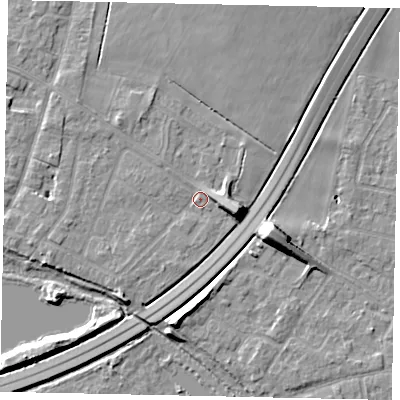 Shaded relief map of the ground around TW170AB, computed from Environment Agency LiDAR. The ground here sits at about 12 m above sea level and falls 10 m across the surrounding 800 m. Surface water reaching this point runs off ground lying to the east-south-east, 5.5 m higher.