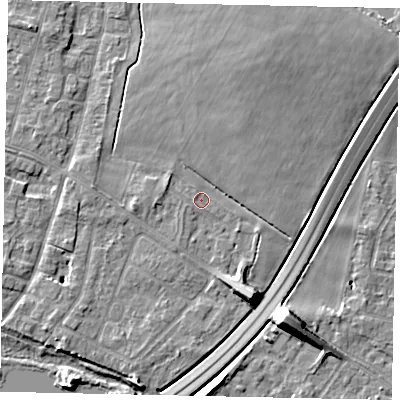 Shaded relief map of the ground around TW170AD, computed from Environment Agency LiDAR. The ground here sits at about 12 m above sea level and falls 9 m across the surrounding 800 m. Surface water reaching this point runs off ground lying to the south-south-east, 5.5 m higher.