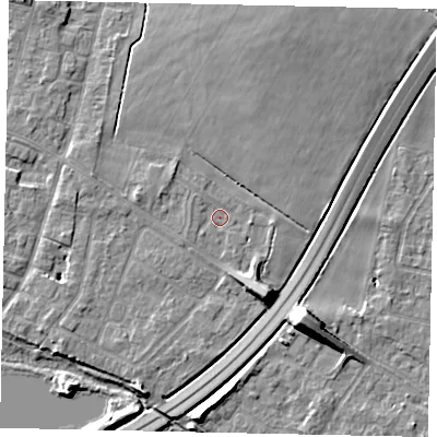 Shaded relief map of the ground around TW170AE, computed from Environment Agency LiDAR. The ground here sits at about 12 m above sea level and falls 10 m across the surrounding 800 m. Surface water reaching this point runs off ground lying to the south-south-east, 5.3 m higher.