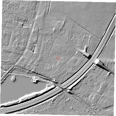 Shaded relief map of the ground around TW170AF, computed from Environment Agency LiDAR. The ground here sits at about 12 m above sea level and falls 10 m across the surrounding 800 m. Surface water reaching this point runs off ground lying to the west, 1.6 m higher.