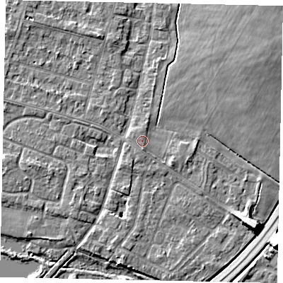 Shaded relief map of the ground around TW170AH, computed from Environment Agency LiDAR. The ground here sits at about 13 m above sea level and falls 9 m across the surrounding 800 m. Surface water reaching this point runs off ground lying to the north-east, 2.2 m higher.
