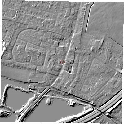 Shaded relief map of the ground around TW170AJ, computed from Environment Agency LiDAR. The ground here sits at about 12 m above sea level and falls 8 m across the surrounding 800 m. Surface water reaching this point runs off ground lying to the south-east, 2.8 m higher.