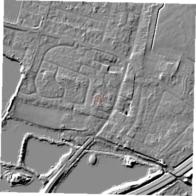 Shaded relief map of the ground around TW170AL, computed from Environment Agency LiDAR. The ground here sits at about 13 m above sea level and falls 8 m across the surrounding 800 m. Surface water reaching this point runs off ground lying to the south-south-west, 0.9 m higher.