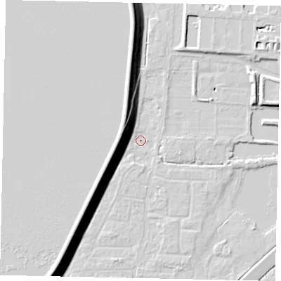 Shaded relief map of the ground around TW170AP, computed from Environment Agency LiDAR. The ground here sits at about 12 m above sea level and falls 15 m across the surrounding 800 m. Surface water reaching this point runs off ground lying to the south-west, 12.7 m higher.