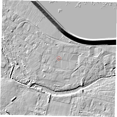 Shaded relief map of the ground around TW170AQ, computed from Environment Agency LiDAR. The ground here sits at about 13 m above sea level and falls 14 m across the surrounding 800 m. Surface water reaching this point runs off ground lying to the west-north-west, 2.1 m higher.