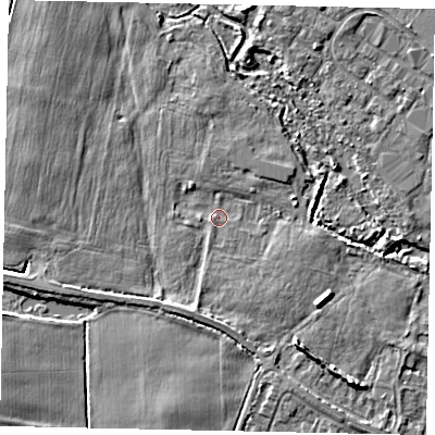 Shaded relief map of the ground around TW170AR, computed from Environment Agency LiDAR. The ground here sits at about 13 m above sea level and falls 6 m across the surrounding 800 m. Surface water reaching this point runs off ground lying to the south-south-east, 3.4 m higher.