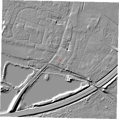 Shaded relief map of the ground around TW170AT, computed from Environment Agency LiDAR. The ground here sits at about 12 m above sea level and falls 10 m across the surrounding 800 m. Surface water reaching this point runs off ground lying to the north-east, 0.8 m higher.
