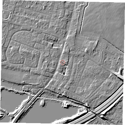 Shaded relief map of the ground around TW170AU, computed from Environment Agency LiDAR. The ground here sits at about 13 m above sea level and falls 8 m across the surrounding 800 m. Surface water reaching this point runs off ground lying to the south, 2.8 m higher.