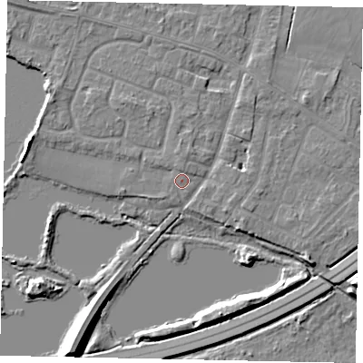 Shaded relief map of the ground around TW170AW, computed from Environment Agency LiDAR. The ground here sits at about 12 m above sea level and falls 10 m across the surrounding 800 m. Surface water reaching this point runs off ground lying to the north, 1.2 m higher.