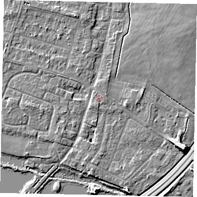 Shaded relief map of the ground around TW170AX, computed from Environment Agency LiDAR. The ground here sits at about 13 m above sea level and falls 7 m across the surrounding 800 m. Surface water reaching this point runs off ground lying to the south, 0.5 m higher.