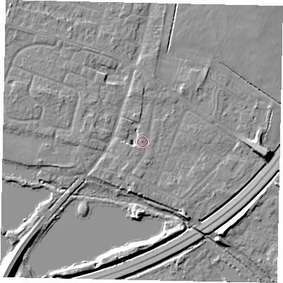 Shaded relief map of the ground around TW170AY, computed from Environment Agency LiDAR. The ground here sits at about 13 m above sea level and falls 10 m across the surrounding 800 m. Surface water reaching this point runs off ground lying to the south-south-west, 1.0 m higher.