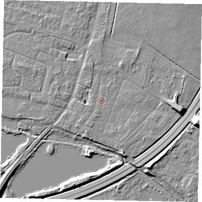 Shaded relief map of the ground around TW170AZ, computed from Environment Agency LiDAR. The ground here sits at about 13 m above sea level and falls 10 m across the surrounding 800 m. Surface water reaching this point runs off ground lying to the south-west, 1.1 m higher.
