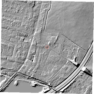 Shaded relief map of the ground around TW170BB, computed from Environment Agency LiDAR. The ground here sits at about 12 m above sea level and falls 10 m across the surrounding 800 m. Surface water reaching this point runs off ground lying to the south-west, 1.6 m higher.