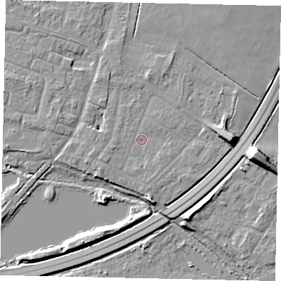 Shaded relief map of the ground around TW170BD, computed from Environment Agency LiDAR. The ground here sits at about 12 m above sea level and falls 10 m across the surrounding 800 m. Surface water reaching this point runs off ground lying to the west-south-west, 1.4 m higher.
