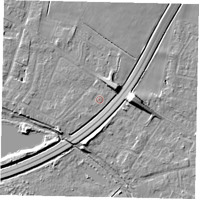 Shaded relief map of the ground around TW170BE, computed from Environment Agency LiDAR. The ground here sits at about 12 m above sea level and falls 10 m across the surrounding 800 m. Surface water reaching this point runs off ground lying to the west-south-west, 0.6 m higher.