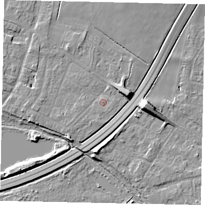 Shaded relief map of the ground around TW170BF, computed from Environment Agency LiDAR. The ground here sits at about 12 m above sea level and falls 10 m across the surrounding 800 m. Surface water reaching this point runs off ground lying to the south-south-west, 1.0 m higher.