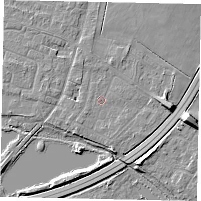 Shaded relief map of the ground around TW170BG, computed from Environment Agency LiDAR. The ground here sits at about 12 m above sea level and falls 10 m across the surrounding 800 m. Surface water reaching this point runs off ground lying to the south-west, 1.2 m higher.