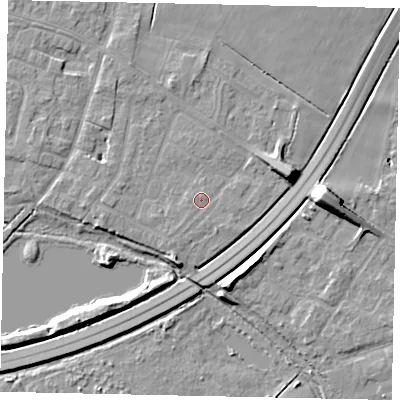 Shaded relief map of the ground around TW170BH, computed from Environment Agency LiDAR. The ground here sits at about 12 m above sea level and falls 10 m across the surrounding 800 m. Surface water reaching this point runs off ground lying to the south-west, 0.9 m higher.