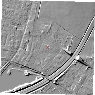 Shaded relief map of the ground around TW170BL, computed from Environment Agency LiDAR. The ground here sits at about 12 m above sea level and falls 10 m across the surrounding 800 m. The ground contributing surface water to this point lies to the south.