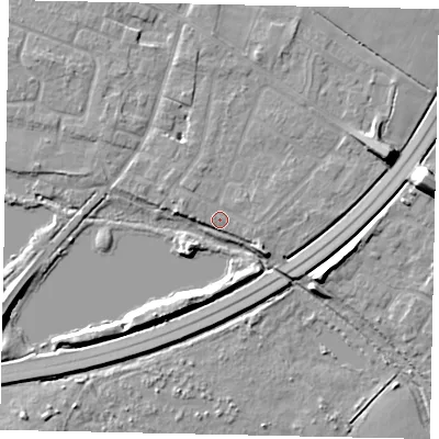 Shaded relief map of the ground around TW170BQ, computed from Environment Agency LiDAR. The ground here sits at about 13 m above sea level and falls 10 m across the surrounding 800 m. Surface water reaching this point runs off ground lying to the north-west, 0.9 m higher.