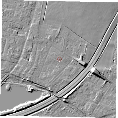 Shaded relief map of the ground around TW170BW, computed from Environment Agency LiDAR. The ground here sits at about 12 m above sea level and falls 10 m across the surrounding 800 m. Surface water reaching this point runs off ground lying to the west-south-west, 1.6 m higher.