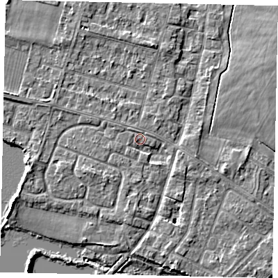 Shaded relief map of the ground around TW170DB, computed from Environment Agency LiDAR. The ground here sits at about 13 m above sea level and falls 6 m across the surrounding 800 m. Surface water reaching this point runs off ground lying to the south, 1.9 m higher.