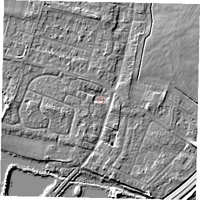 Shaded relief map of the ground around TW170DE, computed from Environment Agency LiDAR. The ground here sits at about 11 m above sea level and falls 6 m across the surrounding 800 m. Surface water reaching this point runs off ground lying to the south-south-west, 1.9 m higher.