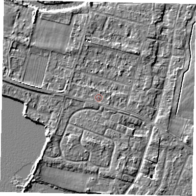 Shaded relief map of the ground around TW170DF, computed from Environment Agency LiDAR. The ground here sits at about 13 m above sea level and falls 5 m across the surrounding 800 m. The ground contributing surface water to this point lies to the east-south-east.