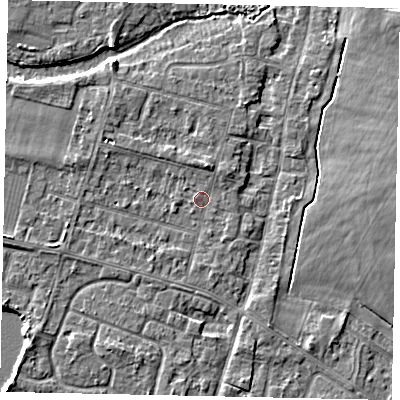 Shaded relief map of the ground around TW170DH, computed from Environment Agency LiDAR. The ground here sits at about 12 m above sea level and falls 5 m across the surrounding 800 m. Surface water reaching this point runs off ground lying to the north, 2.8 m higher.