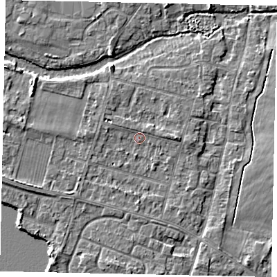 Shaded relief map of the ground around TW170DJ, computed from Environment Agency LiDAR. The ground here sits at about 12 m above sea level and falls 4 m across the surrounding 800 m. Surface water reaching this point runs off ground lying to the west-south-west, 2.5 m higher.