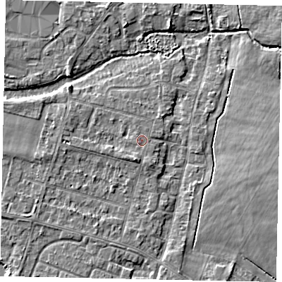 Shaded relief map of the ground around TW170DL, computed from Environment Agency LiDAR. The ground here sits at about 13 m above sea level and falls 4 m across the surrounding 800 m. Surface water reaching this point runs off ground lying to the south-south-west, 1.0 m higher.