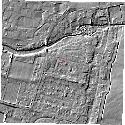 Shaded relief map of the ground around TW170DN, computed from Environment Agency LiDAR. The ground here sits at about 13 m above sea level and falls 4 m across the surrounding 800 m. Surface water reaching this point runs off ground lying to the south-east, 1.9 m higher.