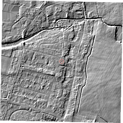 Shaded relief map of the ground around TW170DP, computed from Environment Agency LiDAR. The ground here sits at about 13 m above sea level and falls 4 m across the surrounding 800 m. The ground contributing surface water to this point lies to the south-south-east.