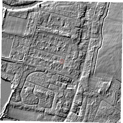 Shaded relief map of the ground around TW170DQ, computed from Environment Agency LiDAR. The ground here sits at about 12 m above sea level and falls 5 m across the surrounding 800 m. Surface water reaching this point runs off ground lying to the south-west, 0.8 m higher.